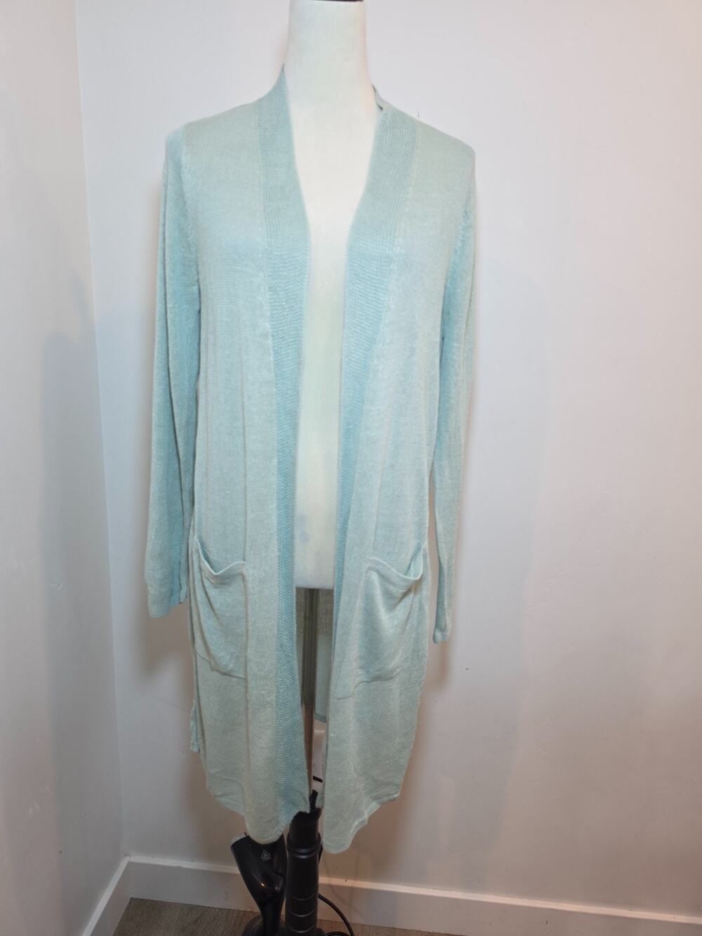 J Jill Linen Blend Open Front Long Cardigan Light Blue NWT